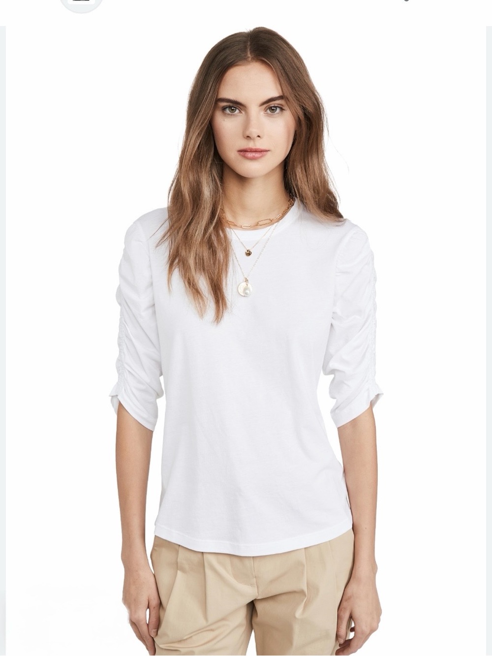 New without tags Veronica Beard Waldorf White Ruched-Sleeve Crewneck Top